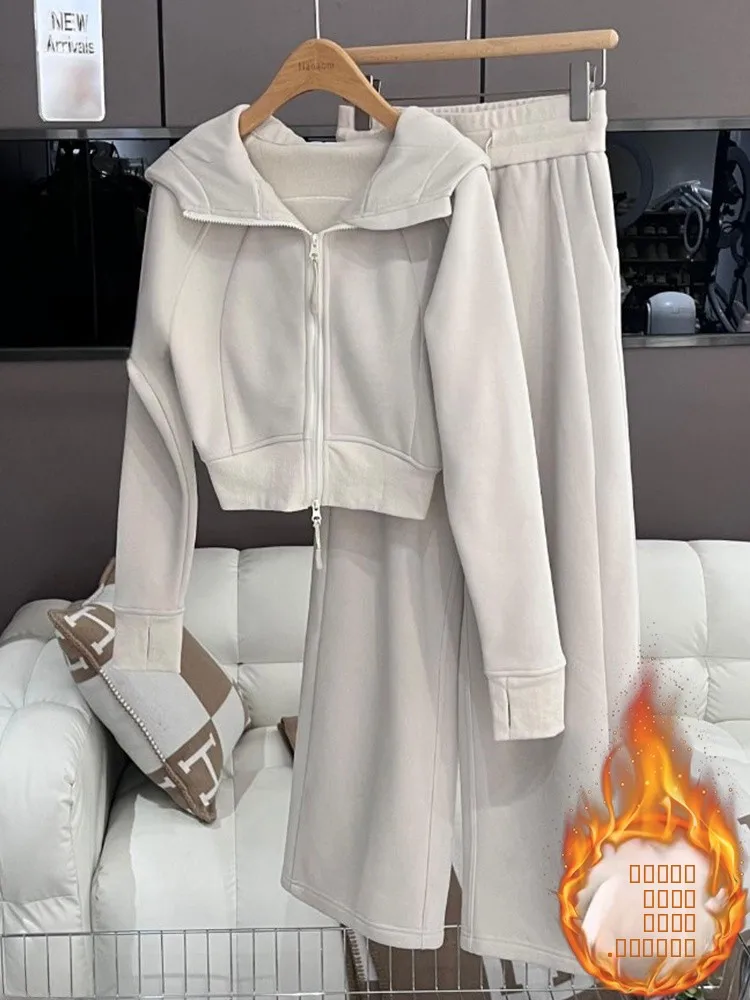 

Thiened Fce Warmth Set Women's Winter Design Korean Sle Navy Collar Sweatirt Drapey Pants Two Piece Set Faionable