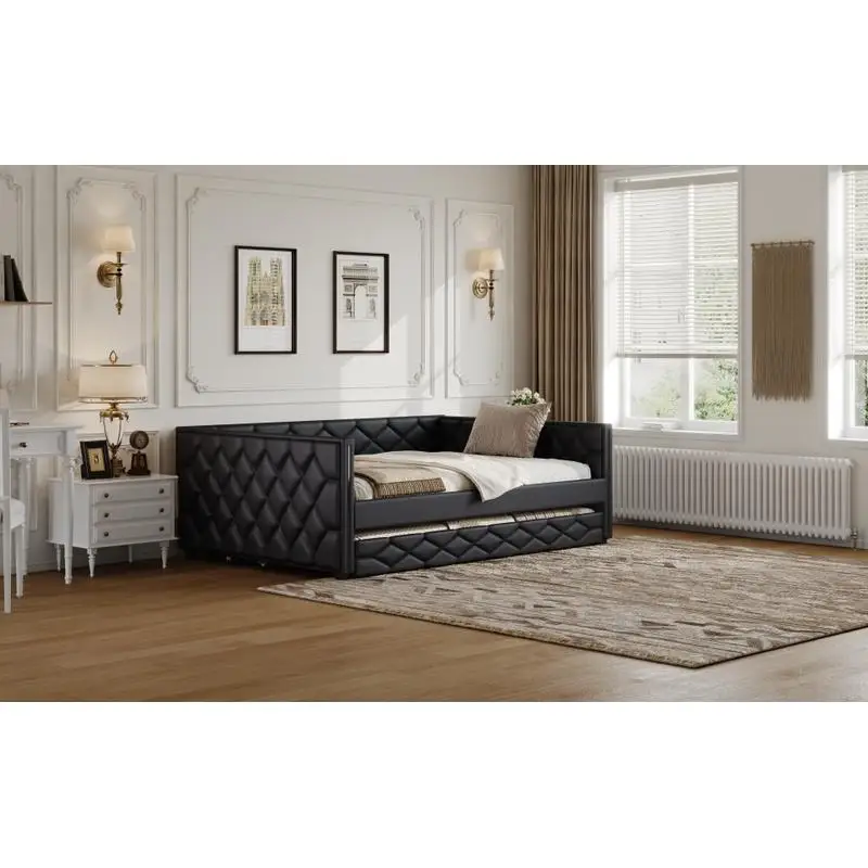 سرير نهاري منجد مقاس XL بالكامل مع إضاءة دولاب وإضاءة LED، أسود - سرير أنيق وعملي لأي مكان