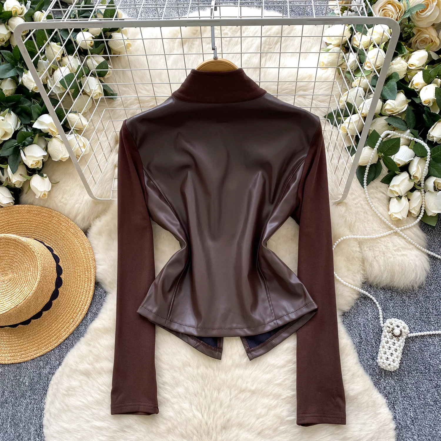 女性用冬用ジッパー付きPUフェイク2ピースデザインコートジャケット レディース Y2K インスシック モトバイカージャケット スタンドネック ホットスウィート パンク ゴシックコート