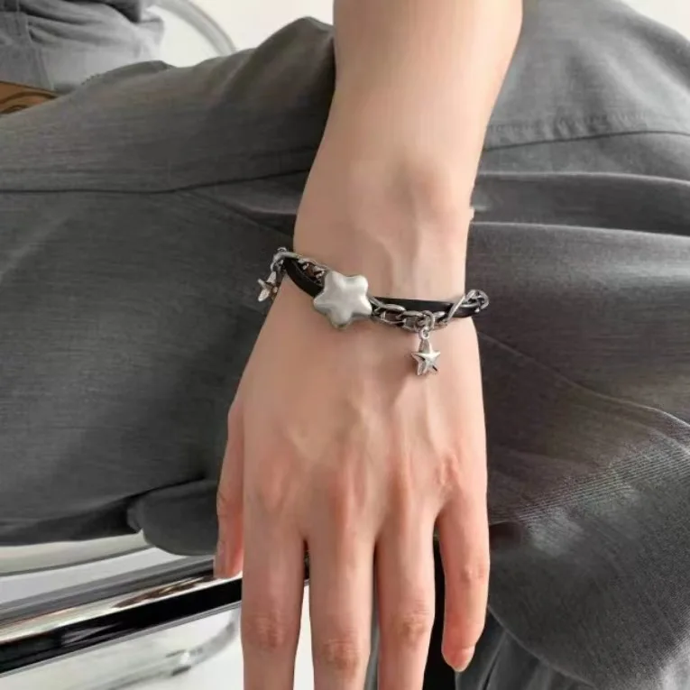 

black bracelets for women Punk rock black leather braid bracelet for men women