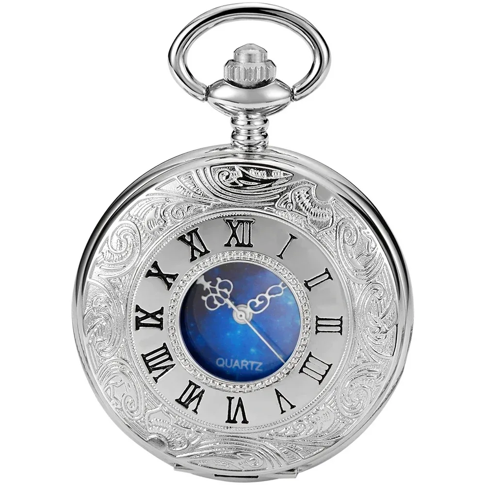 Steampunk Pocket Watch Hollow Blue Starry Design Roman Numerals Vintage Quartz Pocket Watches for Men with Chain Jewelry Gift