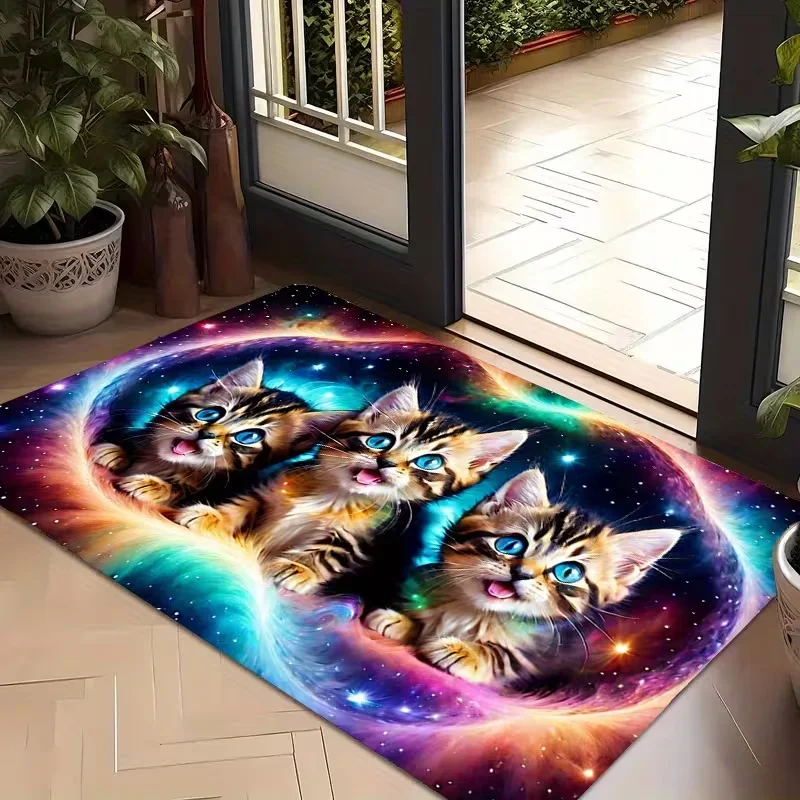 Tapis de porte d'entrée motif chats tachetés grands yeux de dessin animé, tapis de bienvenue mignon motif chaton pour intérieur, chambre, décoration de la maison