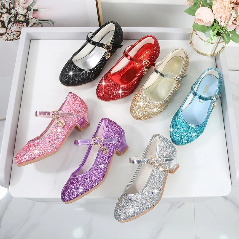 Girls Shoes Children High Heel Glitter Crystal Sandals Fashion Buckle Kids Princess Dance Shoe Student Performance Leather Shoes