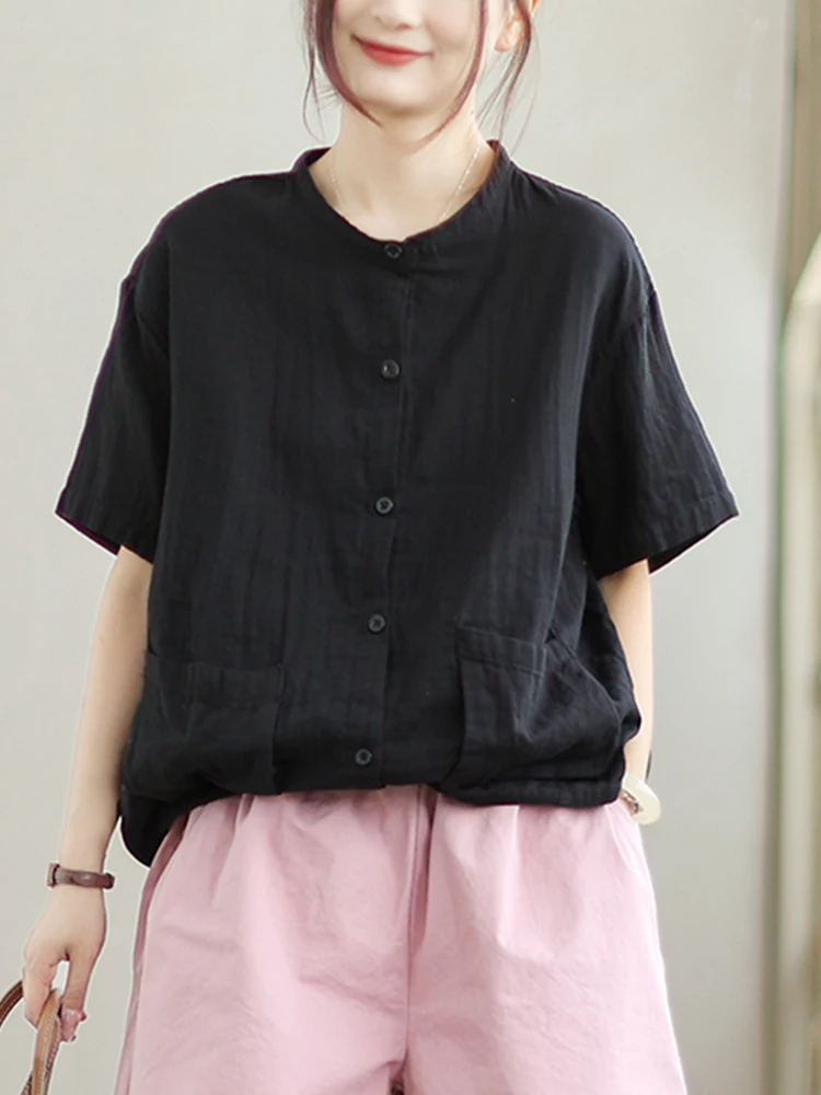 Amax lulue coreano 2025 verão senhoras clássico vintage camisas soltas femininas blusas de lazer solto sólido topos roupas de linho de algodão