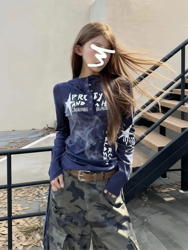 Button Hooded Y2k T Shirts Women Vintage 100% Cotton Long Sleeve Top Casual Basic T Shirt Autumn Spring Outwear New Navy Blue