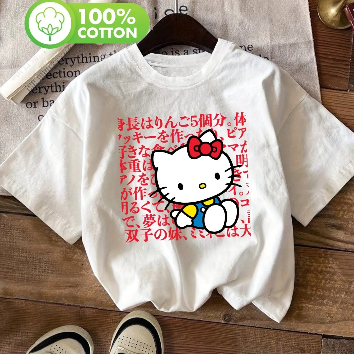 

Cute Chest Hello Kitty Letter Printed Women's Girls T-shirt Summer New Cotton Kids Y2K Loose Casual Versatile Short Sleeved Top