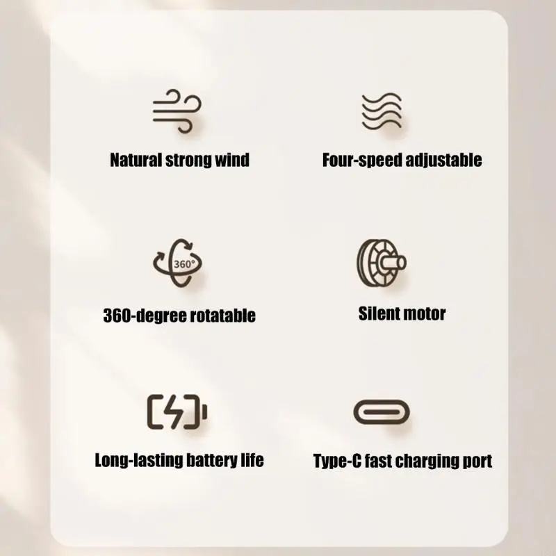 مروحة طاولة صغيرة قابلة لإعادة الشحن USB، 4 سرعات، مروحة مكتب USB هادئة للمكتب المنزلي N58D