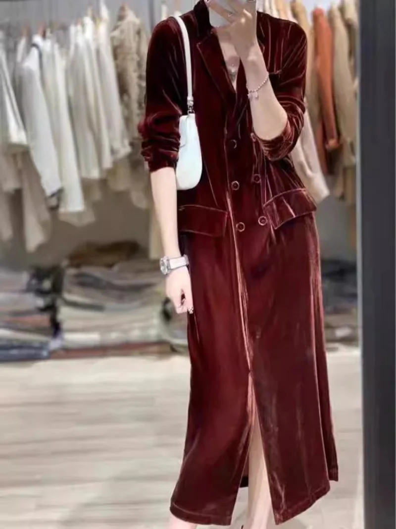 

Женский золотой бархатный длинный плащ 2026, весенне-осенний модный элегантный пиджак с воротником, ветровка, верхняя одежда, куртка w2006