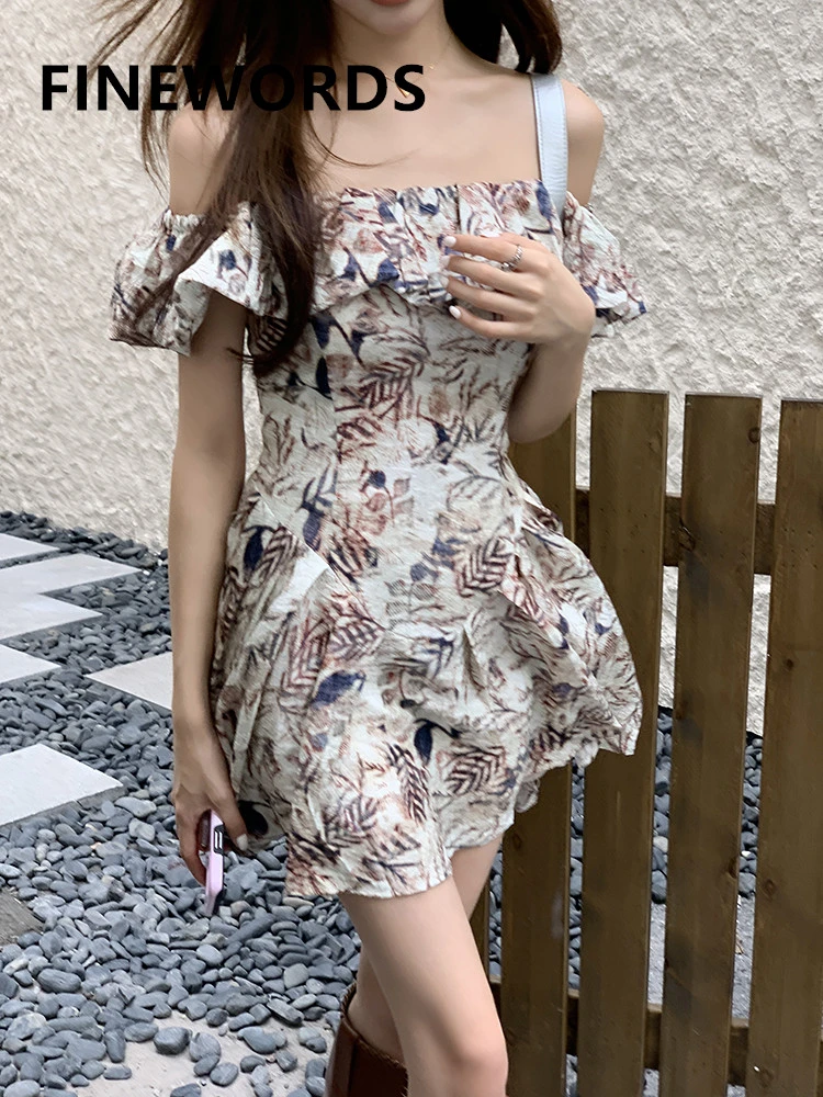 

FINEWORDS Off Shoulder Vintage Summer Dress Floarl Printed Beach Boho Dress Easymatch Short Sleeve Party A Line Dresses