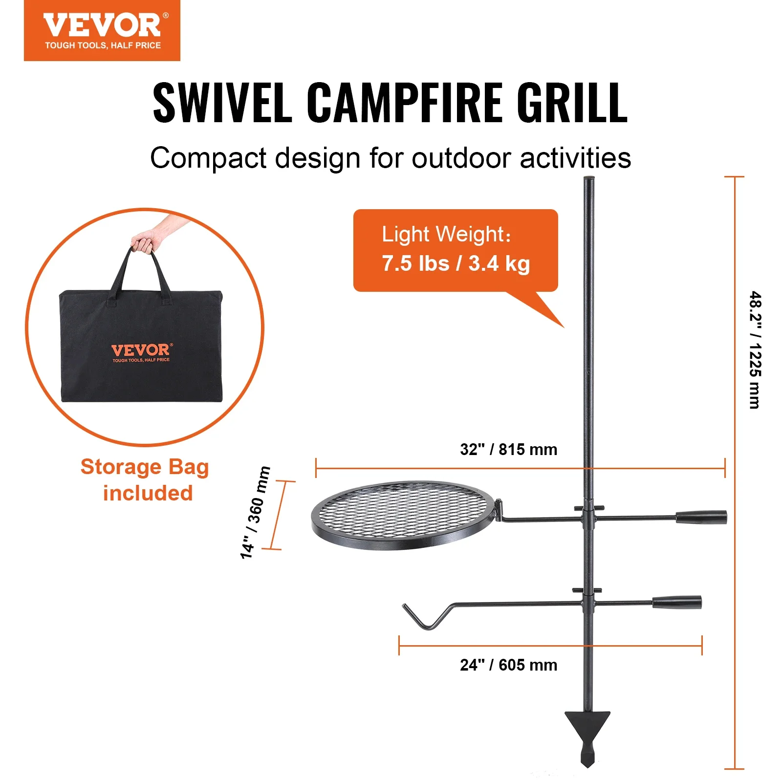 VEVOR Swivel Campfire Grill, Portable Fire Pit Grill Grate,360° Adjustable Open Fire Outdoor Cooking Equipment, for Camping BBQ