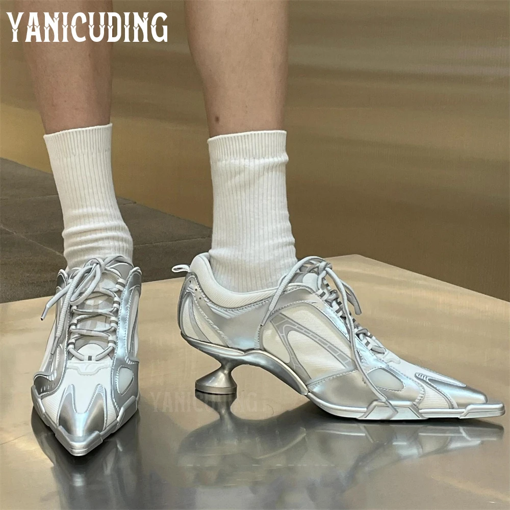Spitze Zehen hochhackige Turnschuhe für Frauen Neuheit Designer-Stil bequeme High Heels Mesh Mode seltsame Ferse sportliche Absätze