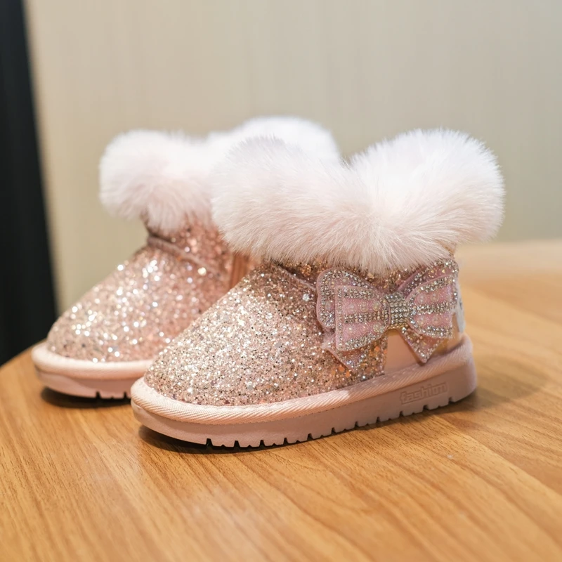 Children's Cute and Sweet Sequined Bow Decorative Snow Boots 2026 Winter New Girl Padded Warm and Non-slip Thick-soled Bare Boot
