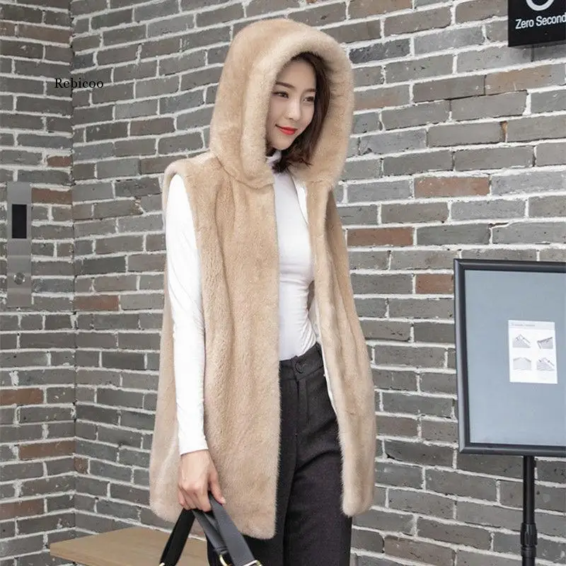 ผู้หญิงใหม่ Faux Fur เสื้อกั๊กหญิงแขนกุดด้านบนปลอมเสื้อขนสัตว์ Hooded สุภาพสตรีปลอมขนสัตว์ Warm Femme เสื้อเสื้อกั๊ก