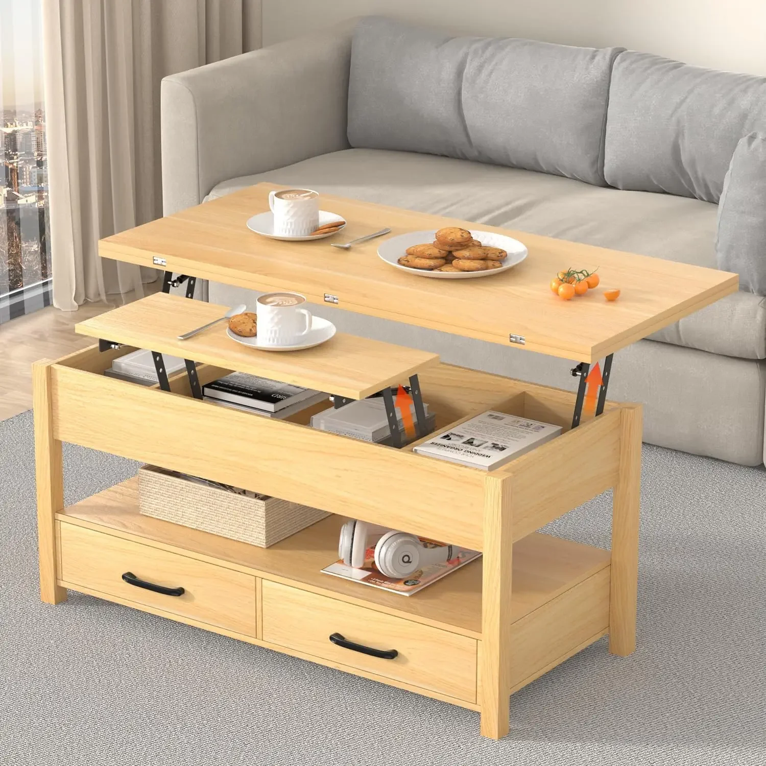 Lift Top Coffee Table,3-in-1Multifunctional Coffee Table with Drawers&Hidden Compartments,Coffee Table Converts to Dining Table