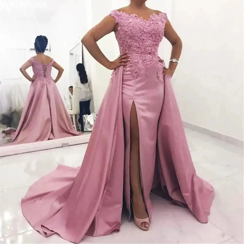 

Mother of the Bride Dresses with Overskirt Appliques Off Shoulder Corset Back Wedding Party Formal Evening Gowns