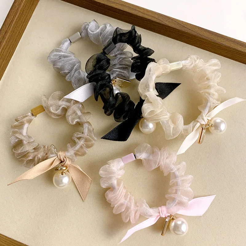 5pcs Korean Style Sweet Bow Hair Rings High Elasticity Simple Hair Ties Rubber Band Lace Hair Accessories for Women Girls