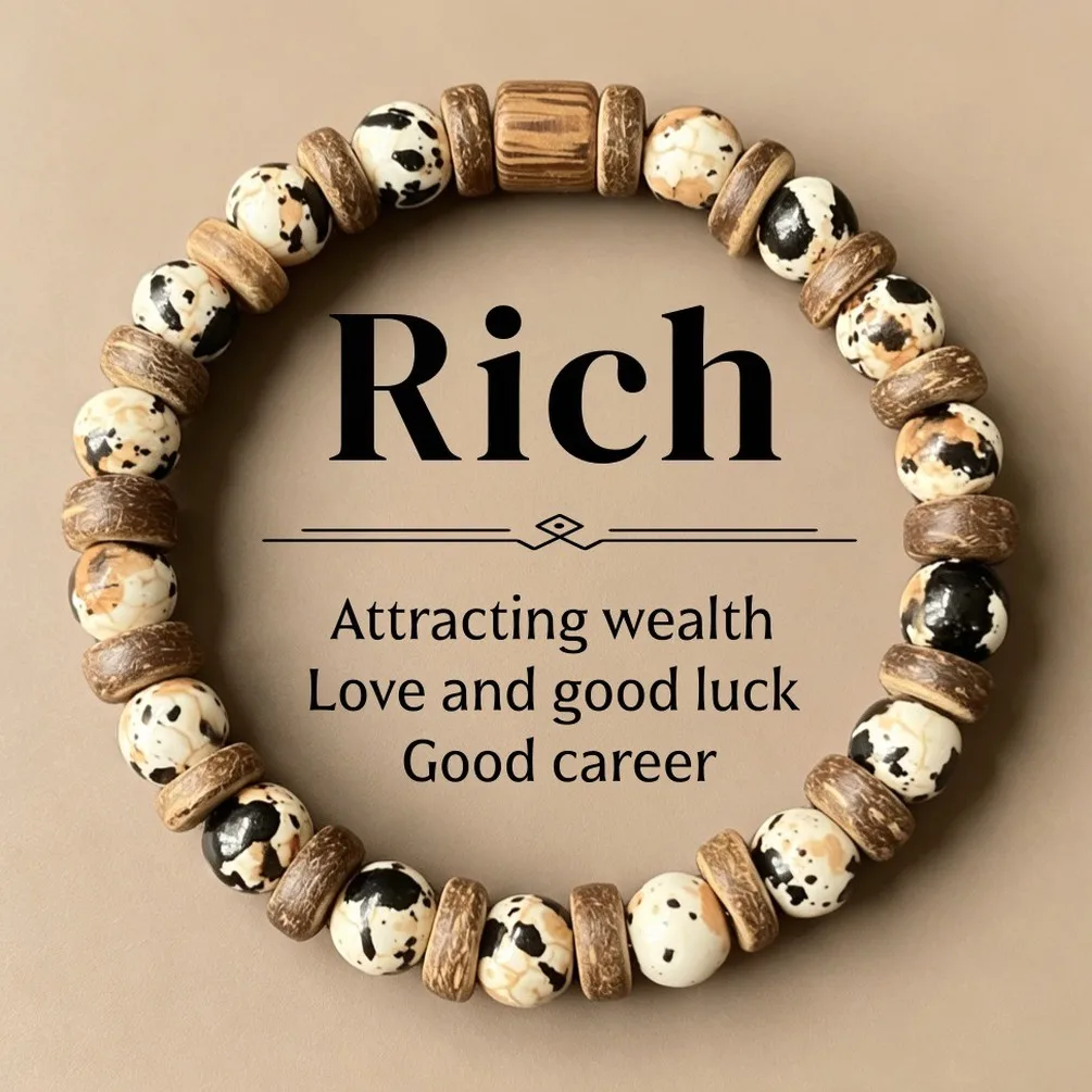 Rain Stone Coconut Spacer Beaded Bracelet, Wealth Love Good Luck Career Charm for Women Men, Handmade Gift