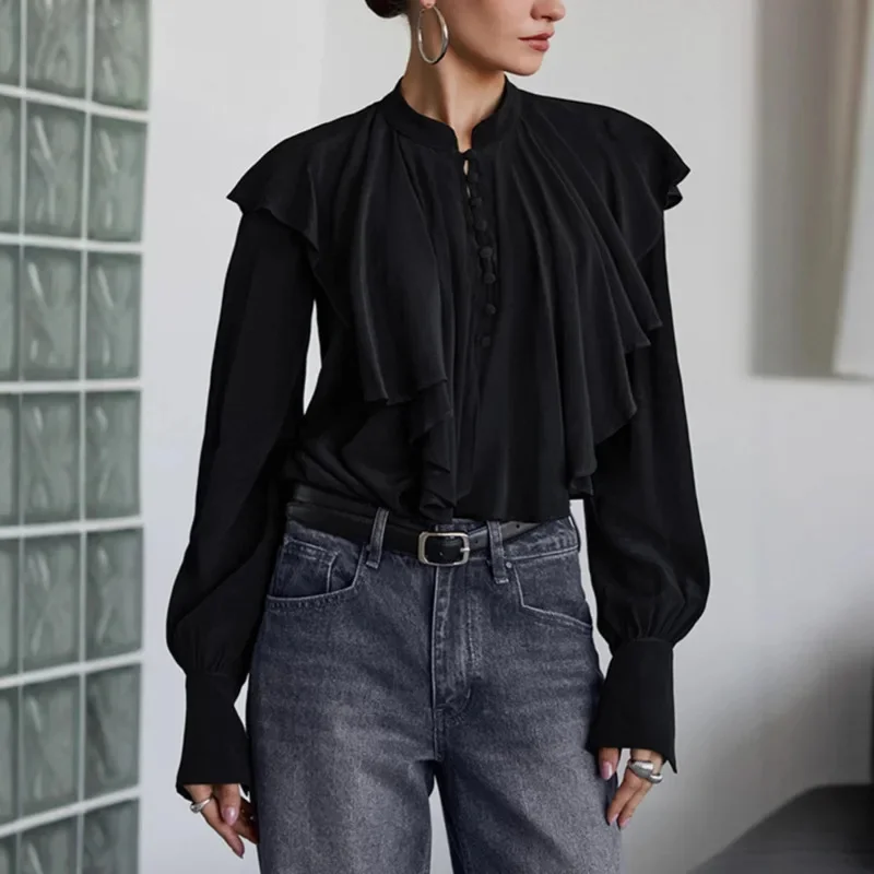 Elegant Women's Chiffon Ruffle Blouse Long Sleeve Slim Fit Office Shirt Solid Color High Neck Button Top Stylish Autumn Outfits