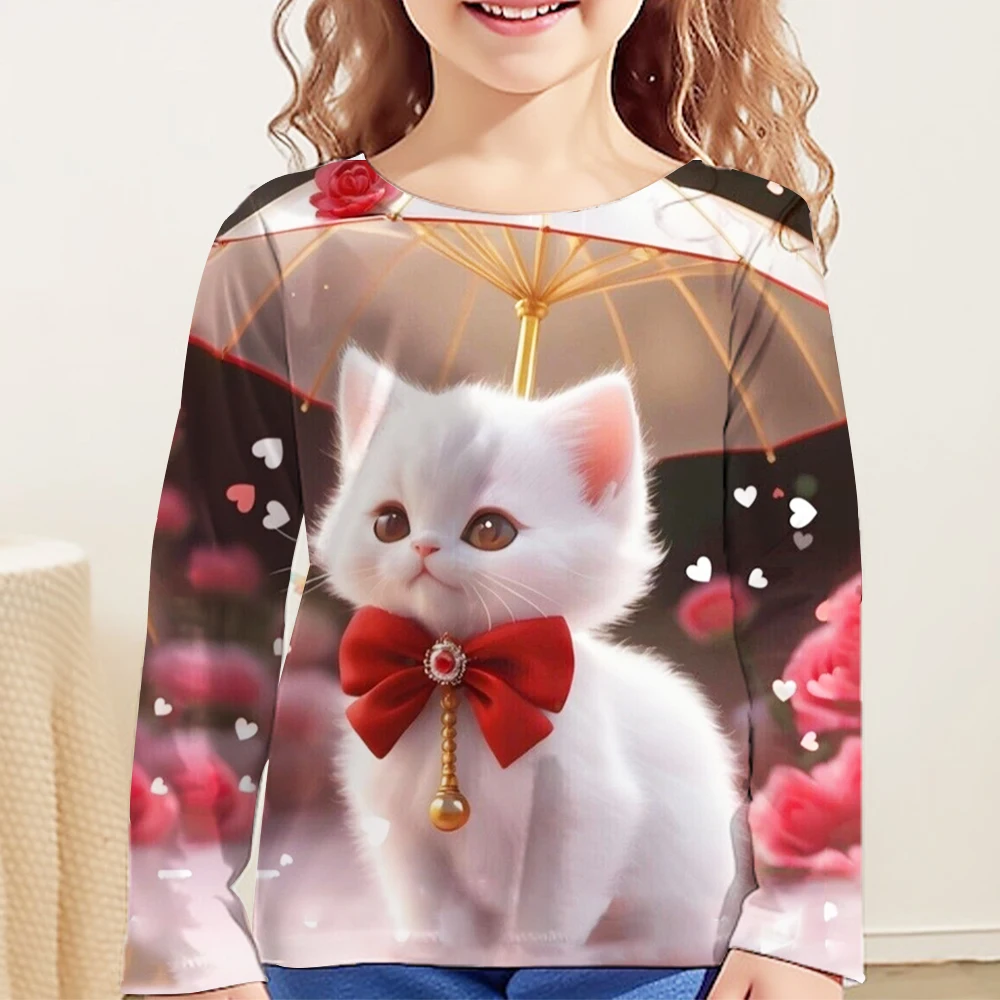 Girl Clothes Cats Shirt Long Sleeve T-Shirt Girl Graphic T Shirts Tops Children's Clothing Fashion Print Girls' Summer Clothes