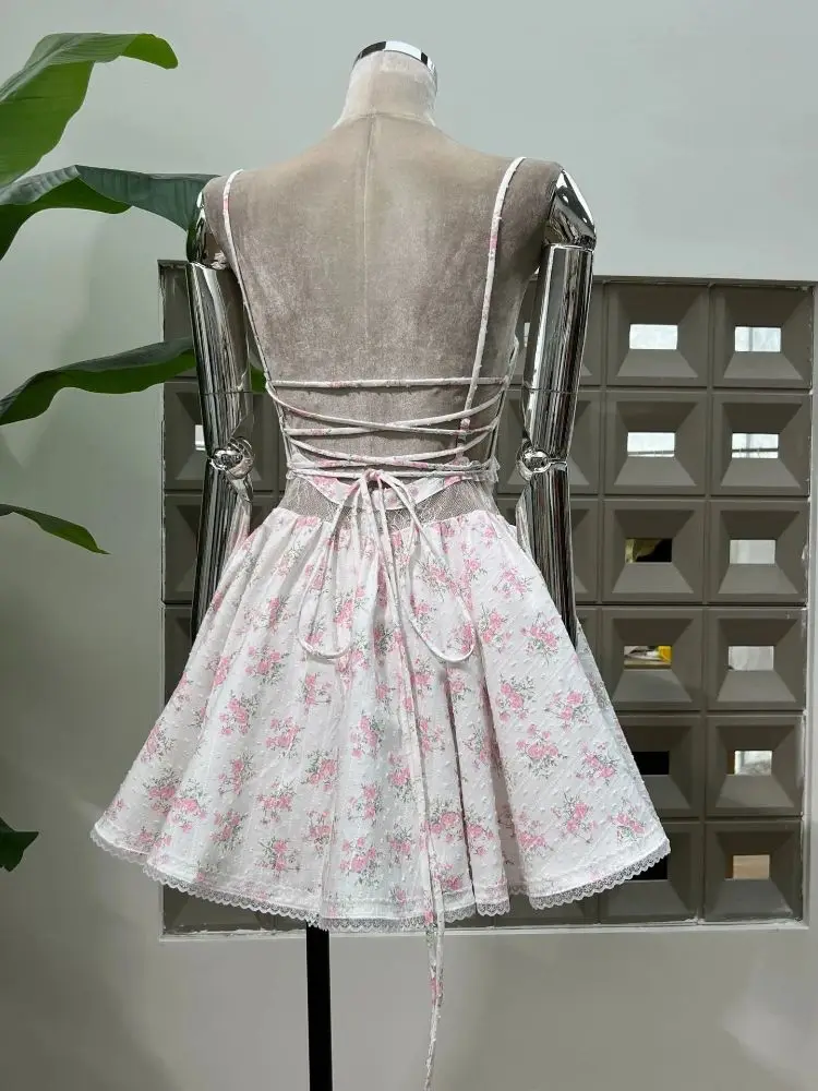 꽃 프린트 드레스 레이스 백리스 플록 패치 워크 컷 아웃 본드 장착 코르셋 여성 패션 파티 칵테일 드레스 여름 신작