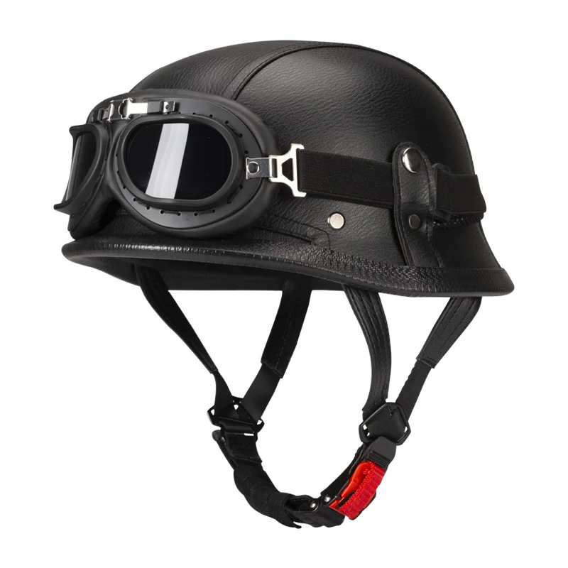 Black Leather Half Shell German Motorcycle Helmets With Cycling Glass Retro Style Halley Helmet Washable Line