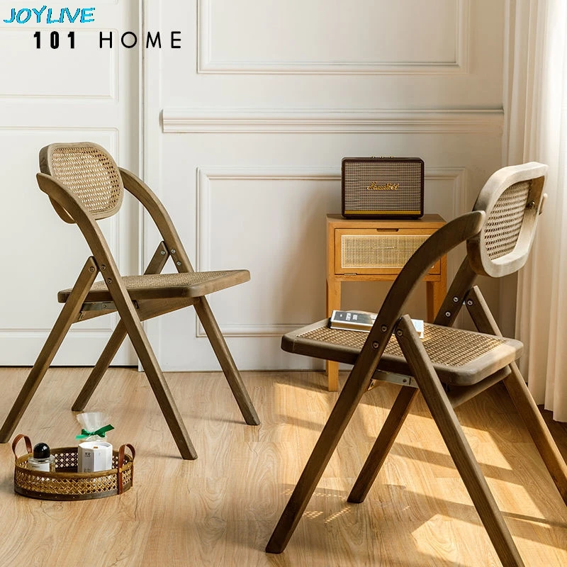 

JOYLIVE Solid Wood Chair Retro Old Folding Rattan Chair Modern Home Balcony Outdoor Leisure Light Luxury Backrest Dining Chair