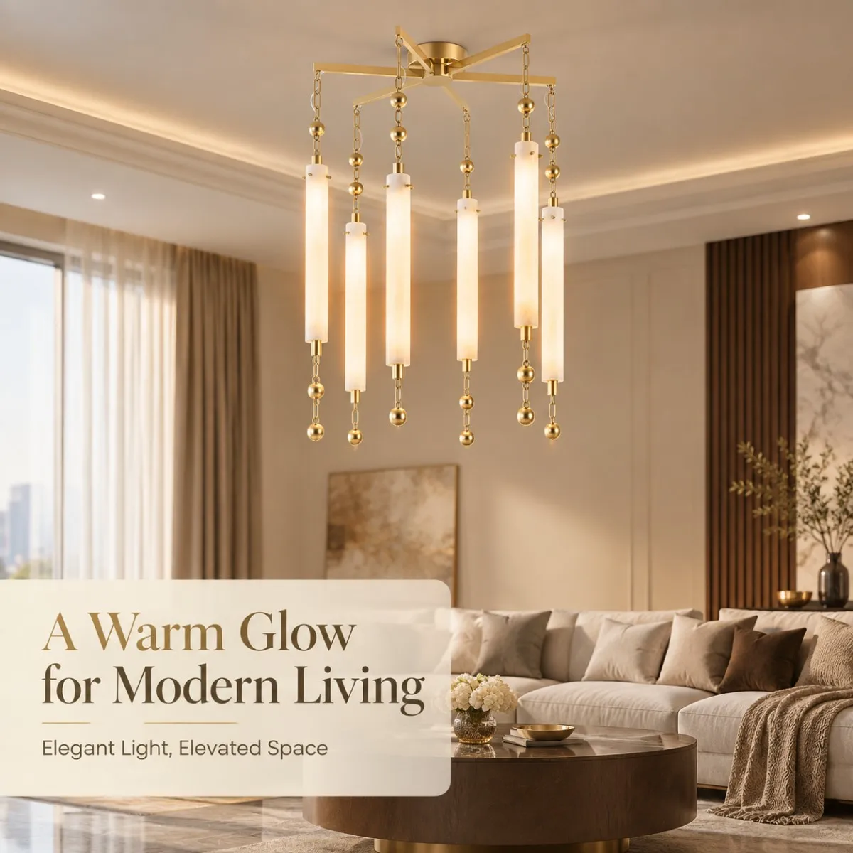 Modern Luxury 2026 Gold Brass 6 Light Alabaster Tube Chandelier Staggered Cylinder Pendant Lamp for Villa Living Room Decor