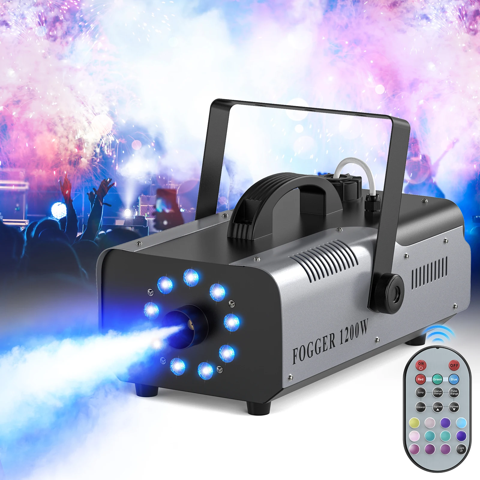 

U'King 1200W Fog Machine 9 LEDs RGB Colorful Fog Ejector Stage Effect Fogger Spray for Wedding Halloween DJ Show Smoke Machine