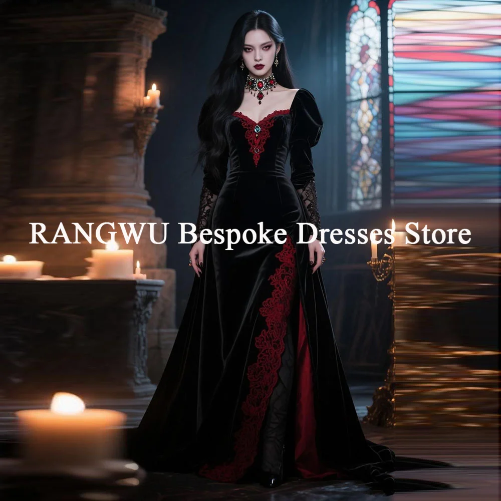 مخصص الأسود والأحمر القوطية مساء ثوب طويل الأكمام المخملية تقليم فساتين السهرة الفيكتوري فريد حزب العباءات