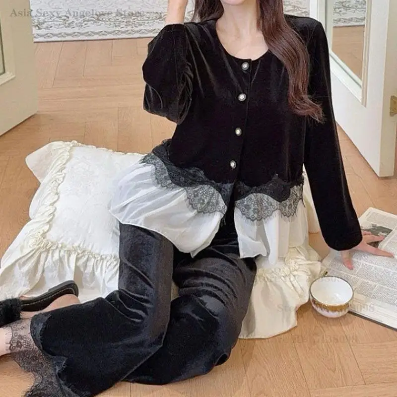 

Сексуальный кружевной бархатный пижамный комплект из 2 предметов, осенне-зимняя новая одежда для сна, повседневный велюровый пижамный костюм, свободная одежда для дома, пижамный костюм, ночное белье