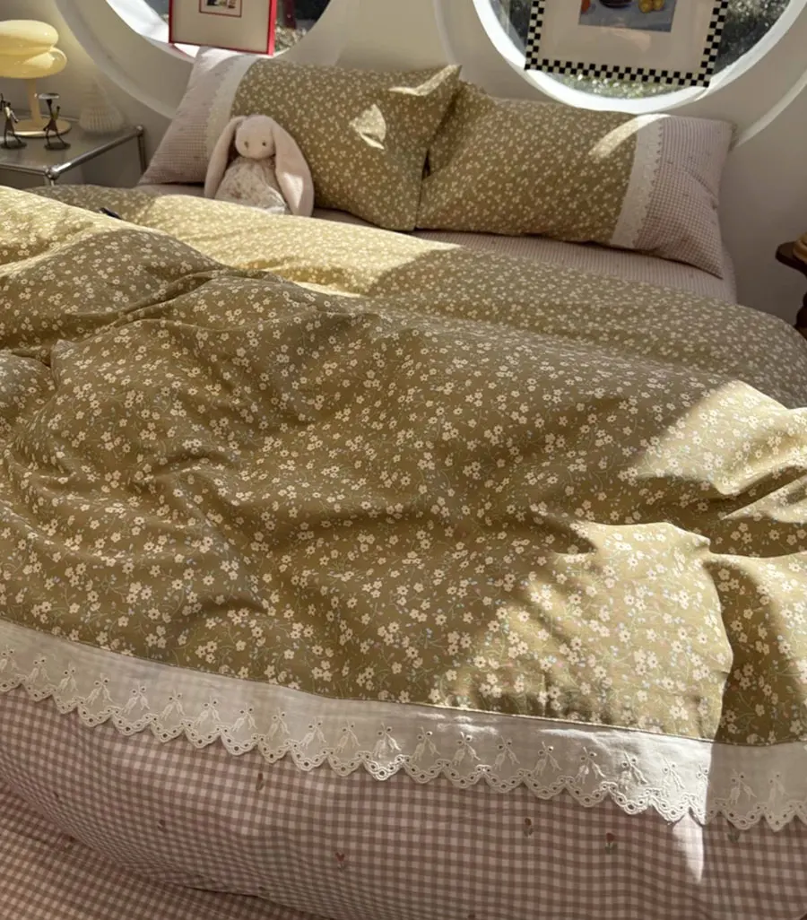 

Romantic fairyfair lace flower bedding set,full queen american country floral cotton home textile sheet pillow case quilt cover
