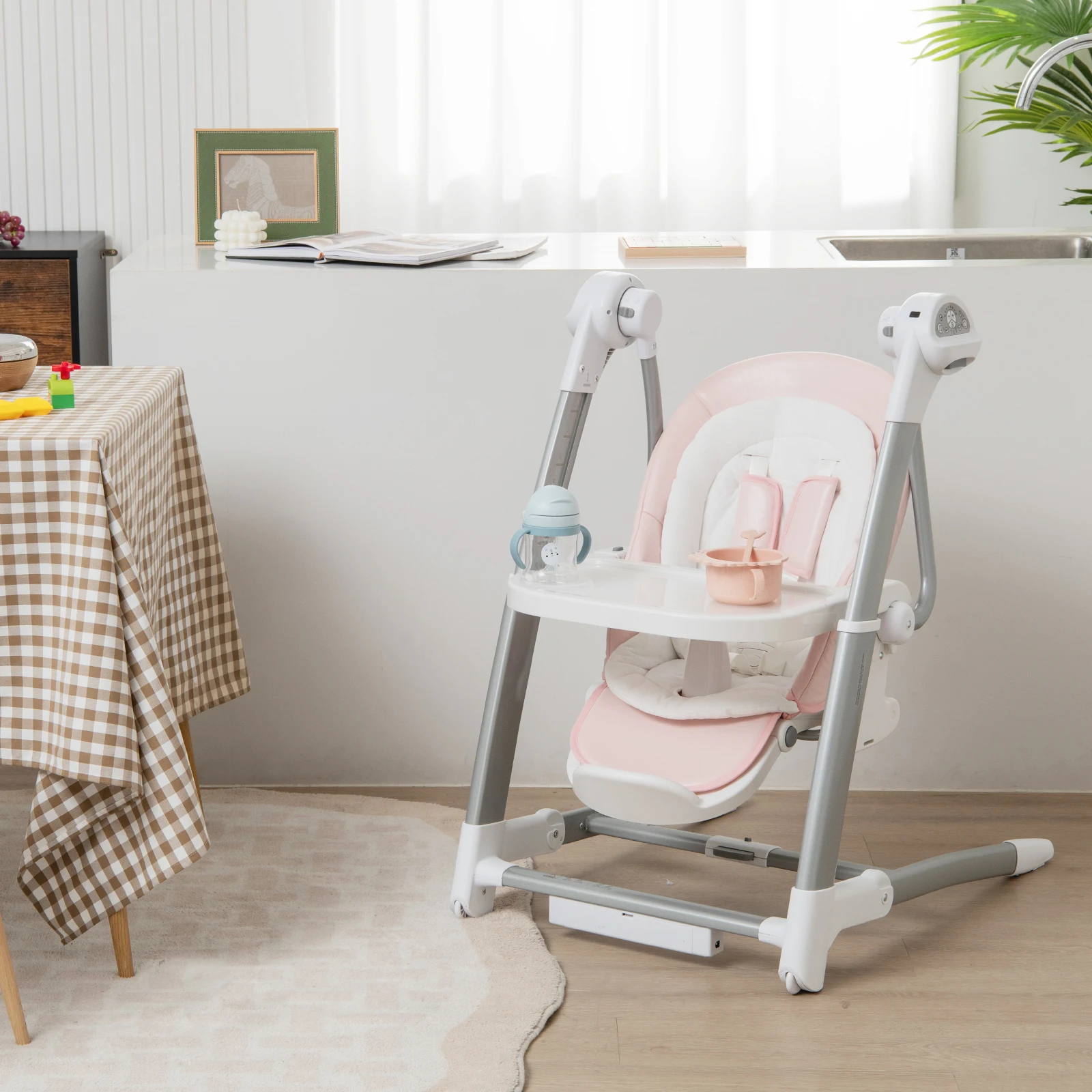 Babyjoy – balançoire et chaise haute 3 en 1 pour bébé, avec 8 hauteurs réglables et boîte à musique, rose