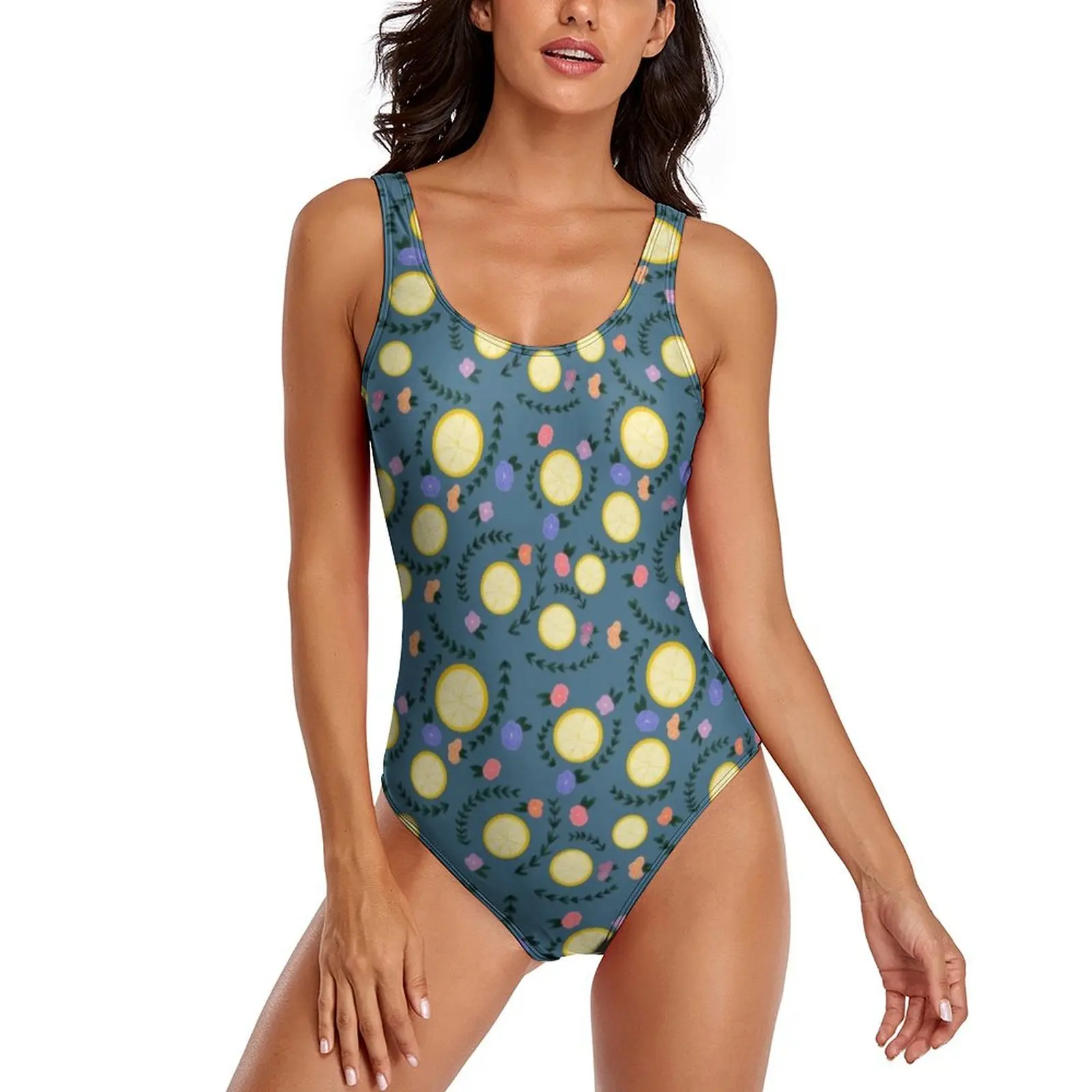 

Yellow Lemon Slices Swimsuit Sexy Flower Print One Piece Swimwear Push Up Bodysuit Trend Fitness Beach Outfits