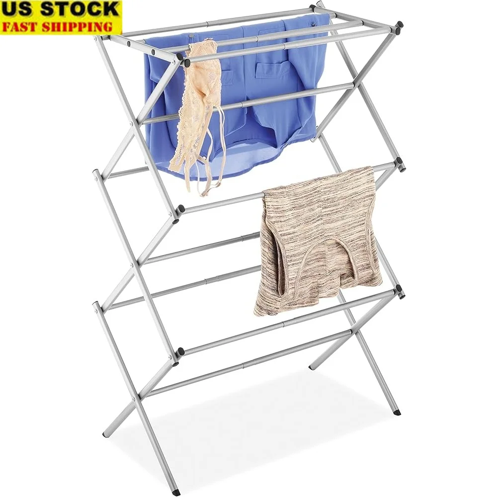 

Expandable Drying Rack Accordion Style Freestanding Hanging Clothes Rack Metal Construction Compact Storage Top Shelf Sweaters