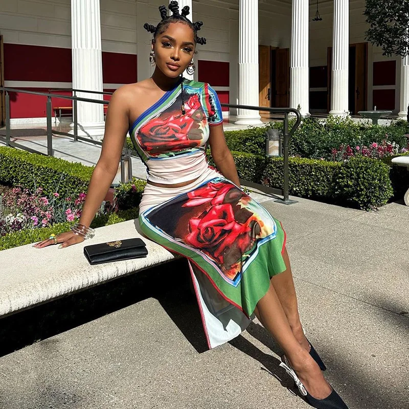 Wind 2023 moda de verano impreso Sexy fuera del hombro bolso de manga cadera medio cuerpo falda conjunto de dos piezas para mujeres