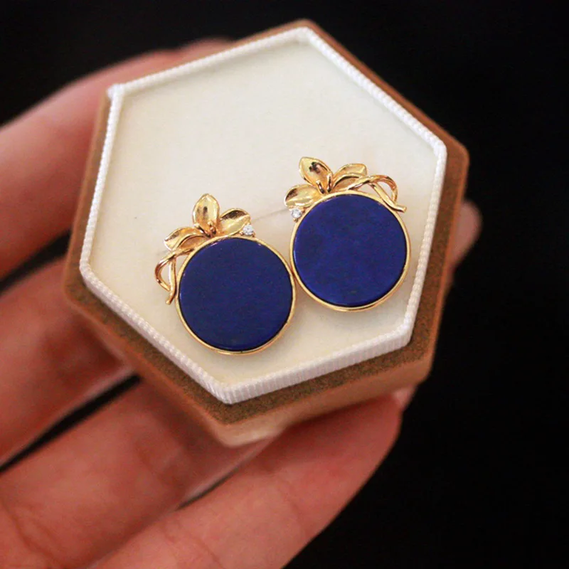 

Круглые серьги-гвоздики из натурального лазурита, винтажный французский стиль, стерлинговое серебро 925 пробы с позолотой, изысканные минималистичные украшения