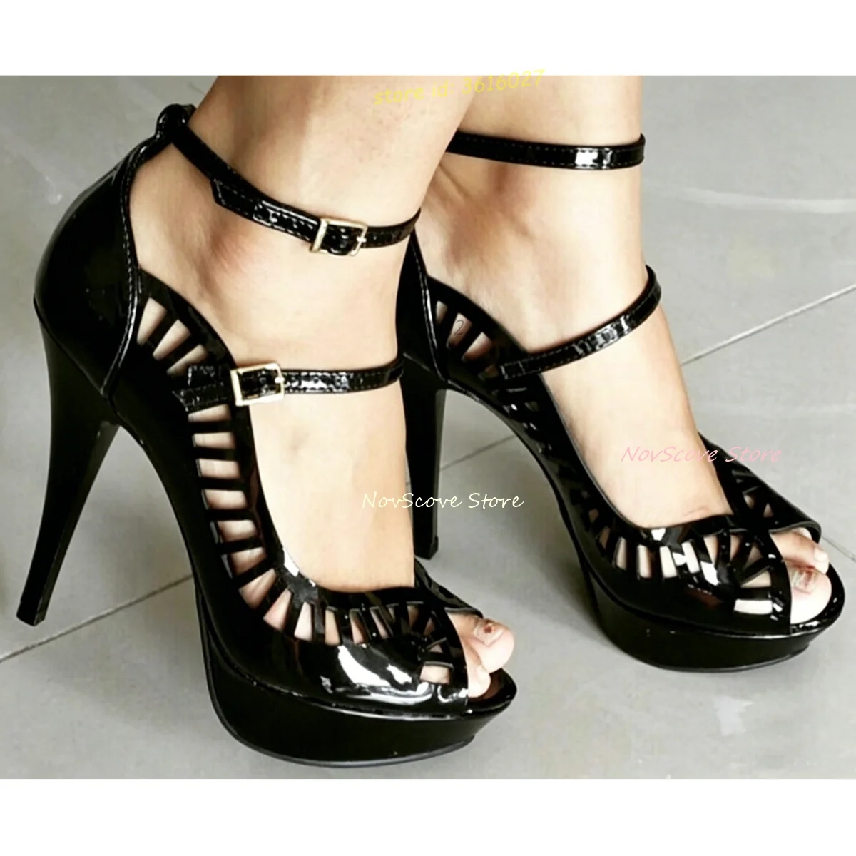 Peep Toe Platform Sandals Black Patent Leather Cutouts Strappy Stiletto High Heels Sandals Summer Vintage Sexy Women Party Shoes