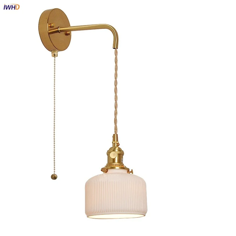 

IWHD Pull Chain Switch LED Wall Light Fixture Kitchen Porch Coffee Copper E27 Ceramic Nordic Modern Wall Lamp Lamparas De Pared