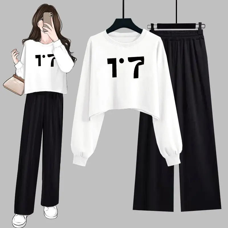 Fashion Set Women Casual Tracksuit Spring Autumn Suits 2 Piece Set Long Sleeve Pullovers Sweat Wide Legs Pants