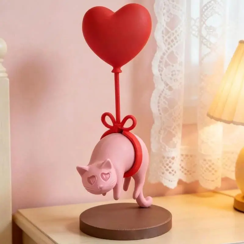Cute Cartoon Cat Figurine With Red Heart Balloon And Sweet Bow For Bedroom Desktop Decoration Valentine's Day Gift
