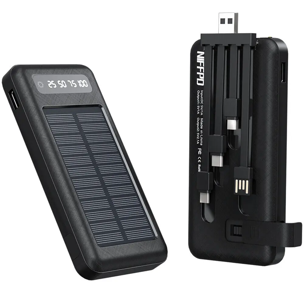 

Solar Power bank Portable Large Capacity Charger Fast Charging With Four Cables Digital Display For Ios Android Samsung