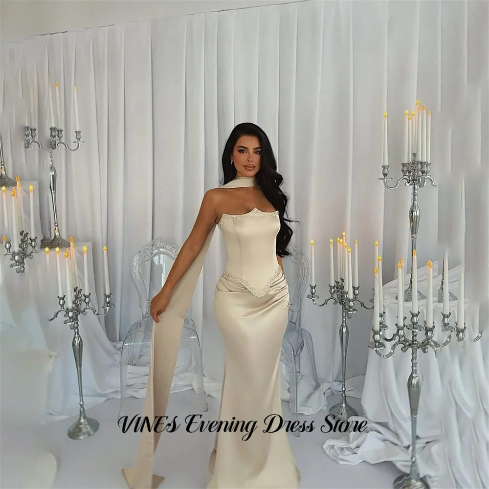 

VINES Champagne Satin Prom Dresses Strapless Mermaid Elegant Celebrity Dress with Beaded Evening Dresses for Women Customized