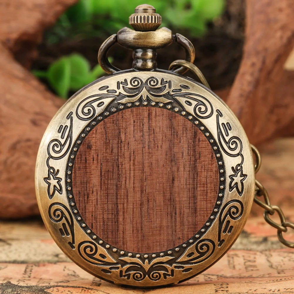 Bronze Vintage Runde Holz Dekorative Quarz Taschenuhren Männer Frauen Arabischen Ziffer Antike Halskette Fob Kette Tasche Zeitmesser