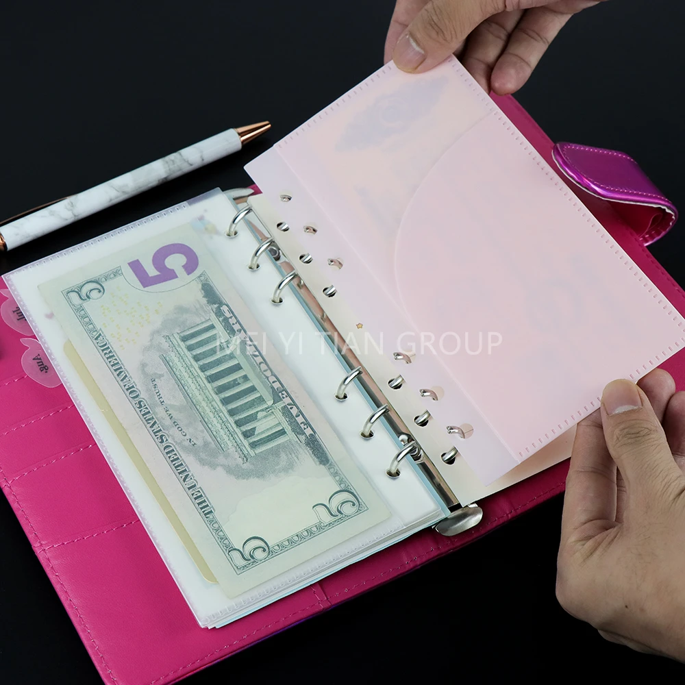 5PCS A6 Cash Envelopes Frosted Binder Pockets Loose Leaf 6 Hole Punched Pink Budget Pocket Double Side Opening Money Envelope