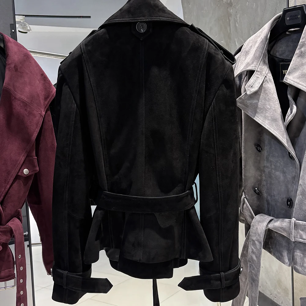 YOLOAgain Double Breasted Croc Pattern Leather Jacket Women 2026 Autumn New Genuine Leather Jacket Ladies