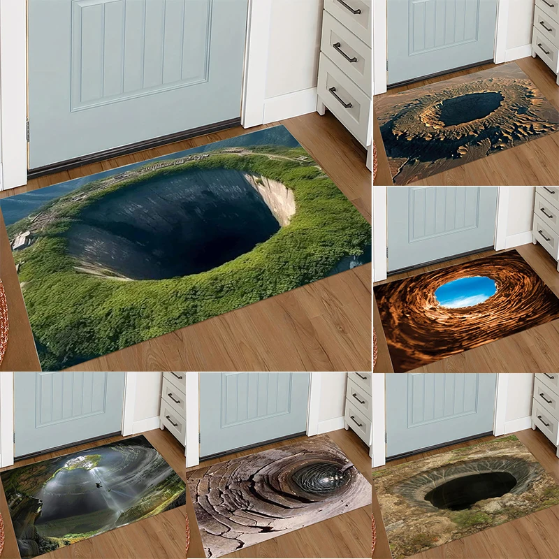 ثلاثية الأبعاد تأثير بصري ثقب الكهف نمط سجادة باب مع تصاميم الصخور والضوء ديكور مدخل المنزل حصيرة أرضية الغرفة حصيرة