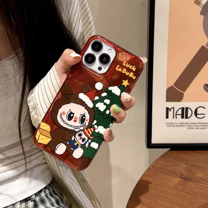 Funda de teléfono con patrón de Labubu de Navidad de dibujos animados para iPhone 12, 13, 14, 15 16 Pro Max, funda protectora a prueba de golpes, funda acrílica para regalos