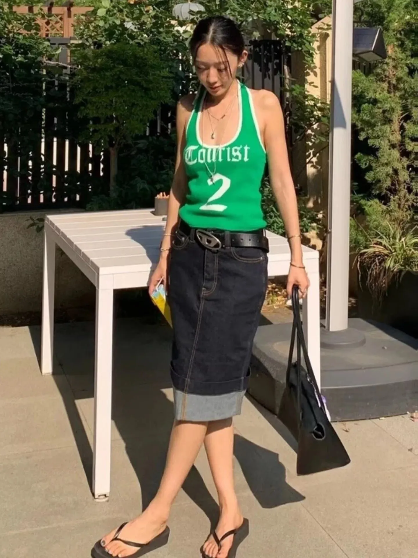 Miami Heat Wave Fashionable Half Skirt Straight Denim Retro Color Block Turn up Jeans Skirt Slim Fit mid Waist Design
