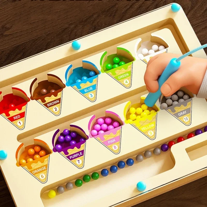 Ice Cream Magnetic Color and Number Maze Wooden Magnet and Maze Game Magnetic Color Maze Board Puzzles Educational Toys for Kids