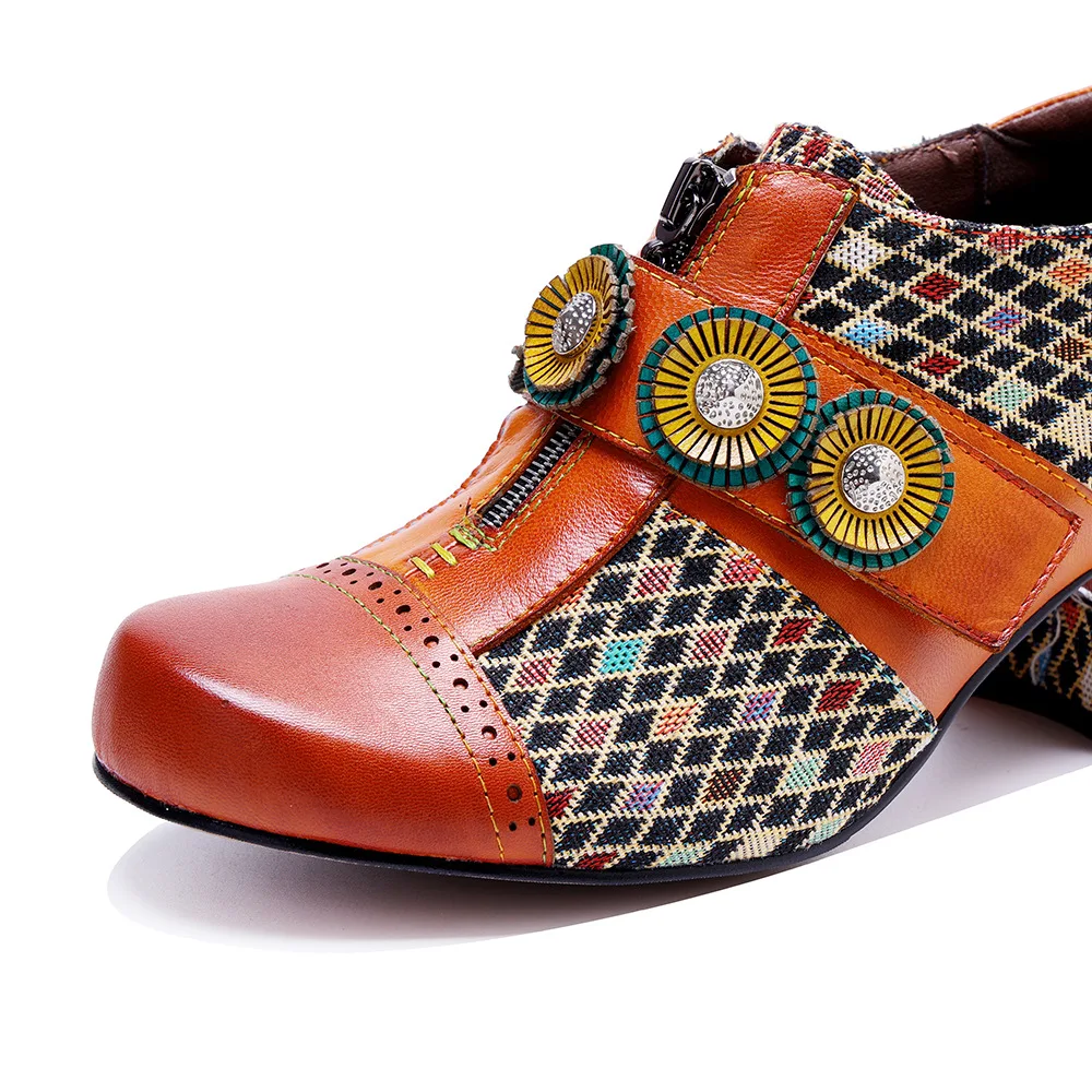 4.5CM Genuine Leather Women Shoes Plaid Splicing Flower Breathable Women Hook Loop Shoes Orange for Women Spring Autumn Shoes view 5